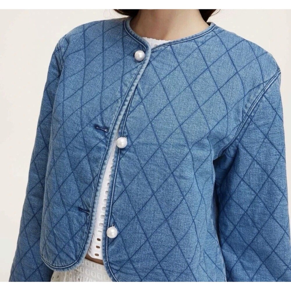 NWT Kate Spade x Target Blue Quilted Denim Jean Jacket Pearl Button NEW Medium - Picture 2 of 3